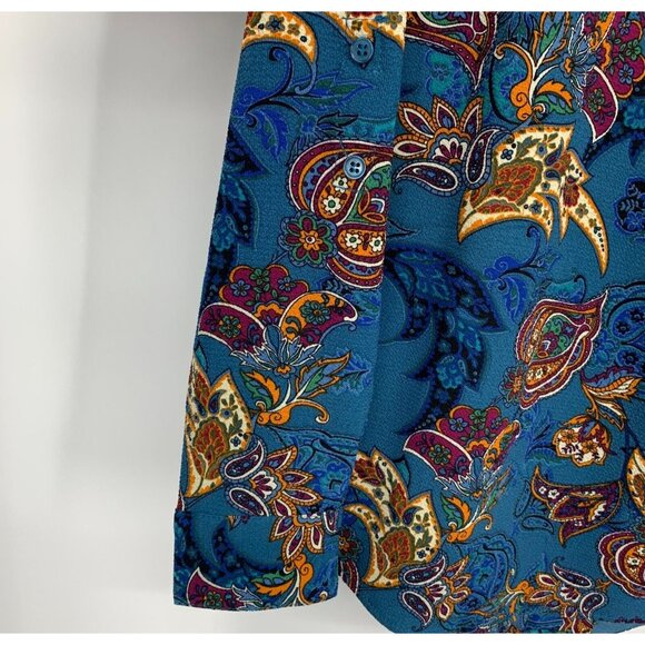 NY Collection Top Blue Floral Print Zip V Neck Roll Tab Sleeve - Picture 9 of 11